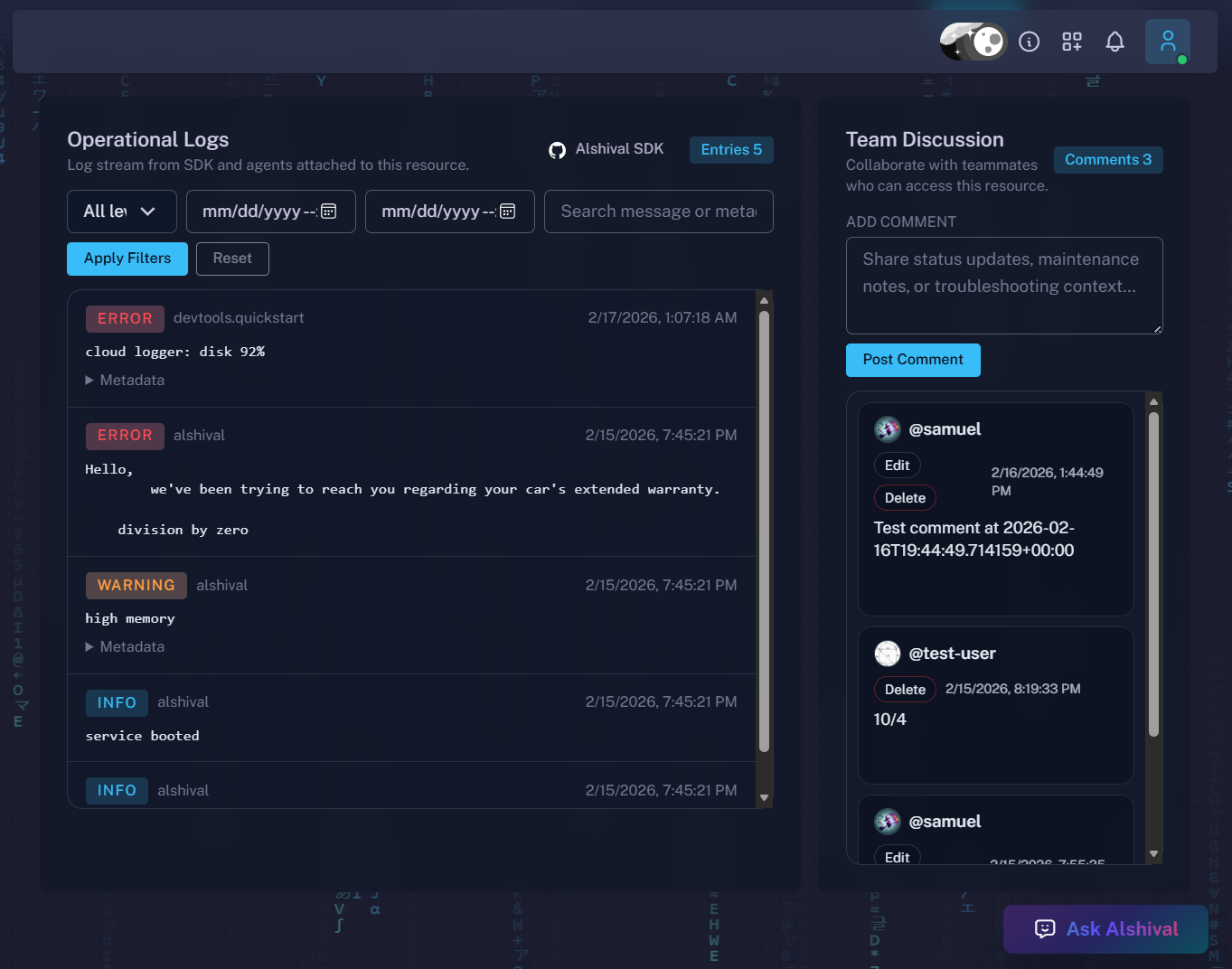 DevTools Operational Logs and Team Discussion screenshot